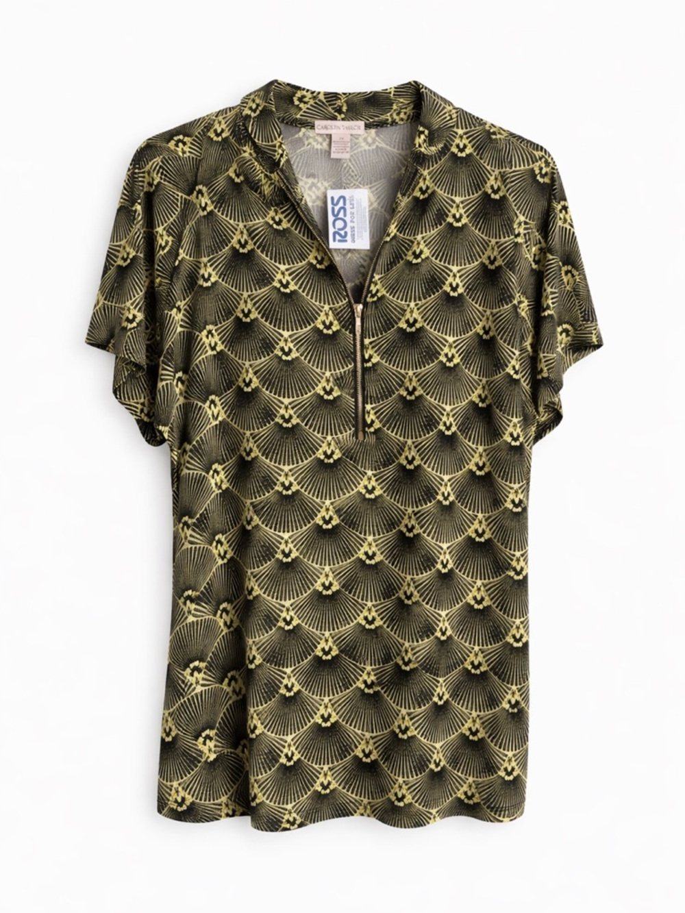Carolyn Taylor 2X Green Black Geometric Zip Blouse Plus Size Top NWT